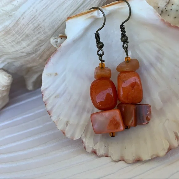 Drop Earrings Orange Tones Handcrafted Mixed Beads and Shell Materials Boho Chic - Picture 8 of 10